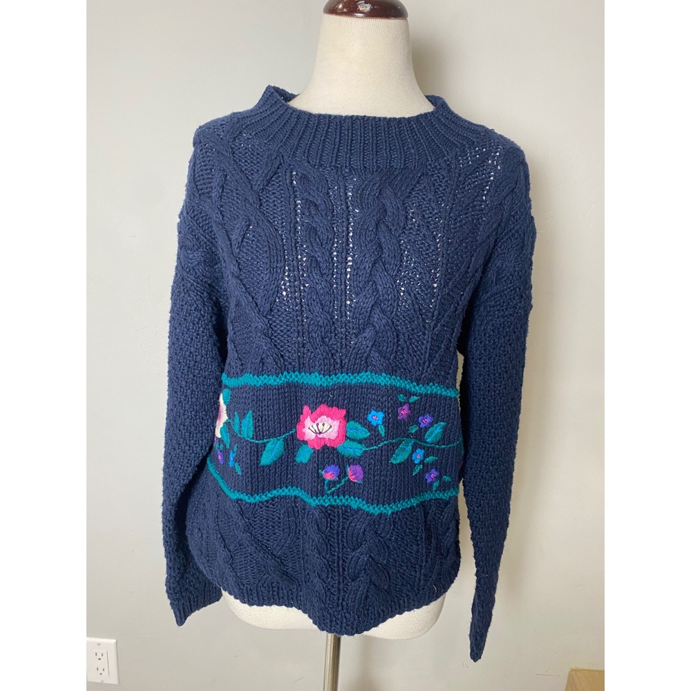 Vintage Studio Michelle Stuart Hand Knit Floral Cable Sweater Navy Blue Small